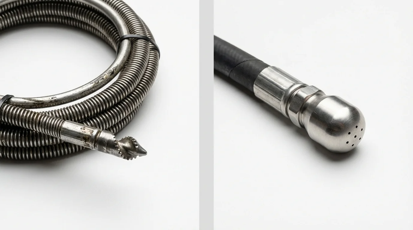 Drain snake cable and hydro jetting nozzle used for drain cleaning in Boston, GA