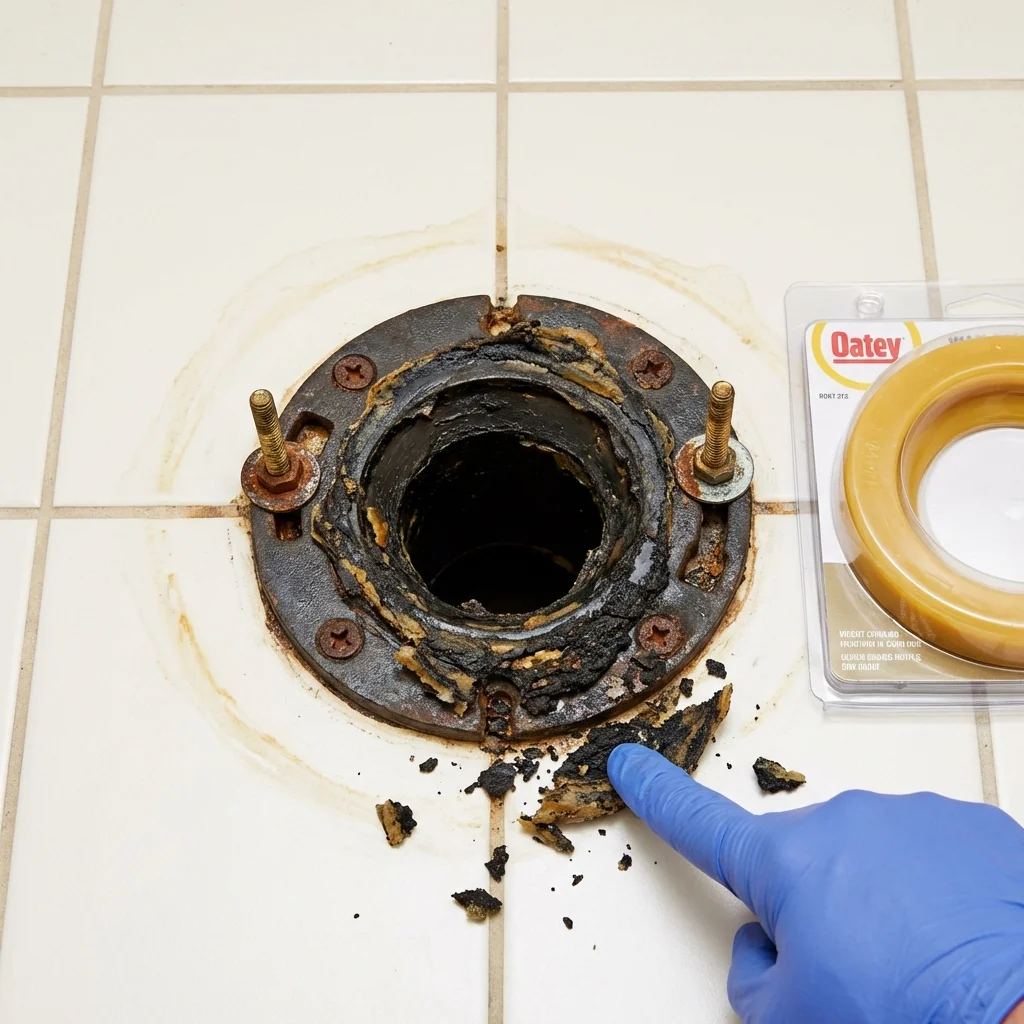 Failed wax ring showing water seepage at the base of a toilet in a Boston, GA home